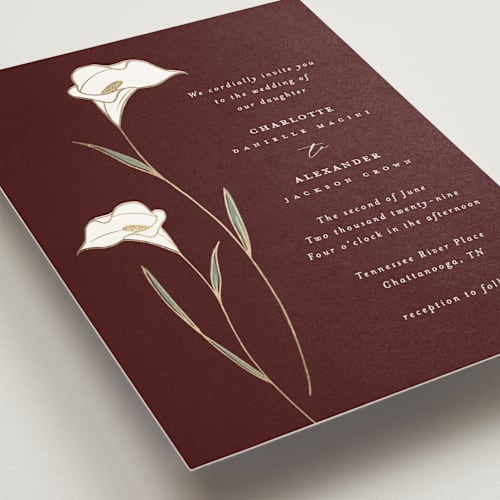 This is a claret foil stamped wedding invitations with foil pressed by Stacey Meacham called elegant lillies printing on signature in standard