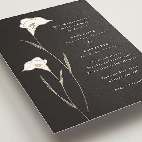 This is a ink foil stamped wedding invitations with foil pressed by Stacey Meacham called elegant lillies printing on signature in standard