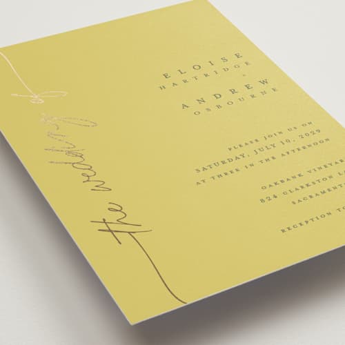 This is a citrus foil stamped wedding invitations with foil pressed by Pippa Shaw called silk printing on signature in standard