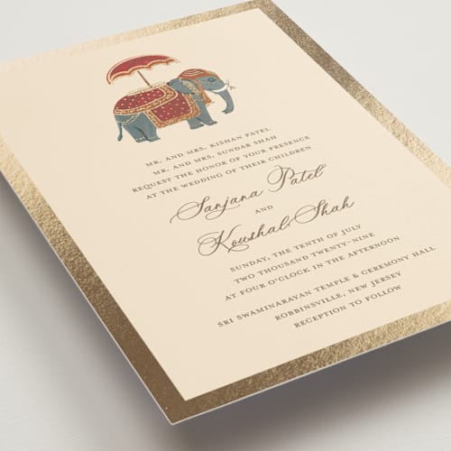 This is a honey foil stamped wedding invitations with foil pressed by Teju Reval called indian elephant printing on signature in standard