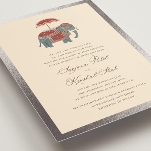 This is a honey foil stamped wedding invitations with foil pressed by Teju Reval called indian elephant printing on signature in standard