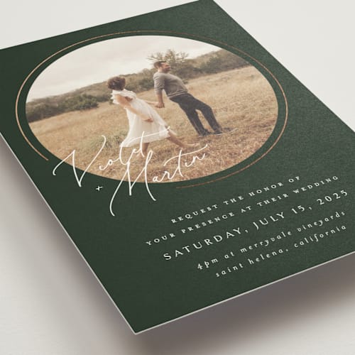 This is a emerald foil stamped wedding invitations with foil pressed by Kelly Schmidt called encircled love printing on signature in standard