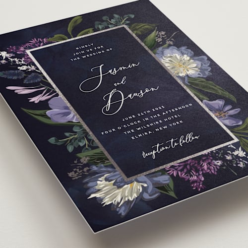 This is a violet foil stamped wedding invitations with foil pressed by Susan Moyal called after midnight printing on signature in standard