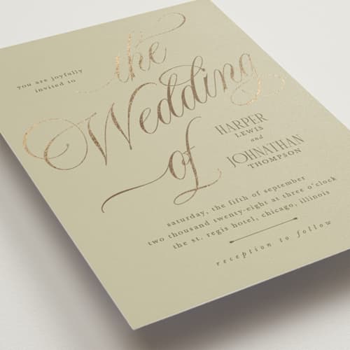 This is a moss foil stamped wedding invitations with foil pressed by Kate Ahn called mirin printing on signature in standard