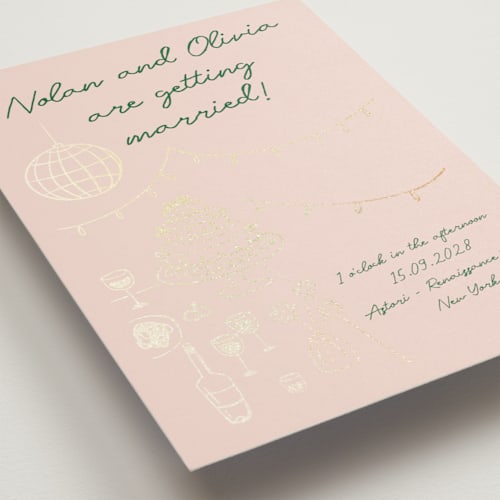 This is a verdant foil stamped wedding invitations with foil pressed by Zove Ahhh called party on! printing on signature in standard