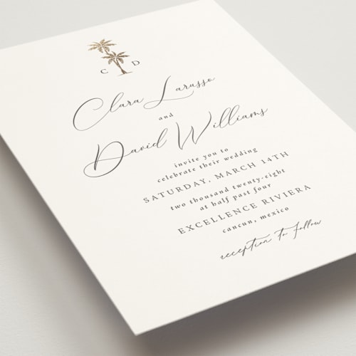 This is a leaf foil stamped wedding invitations with foil pressed by Olivia Raufman called palm monogram printing on signature in standard