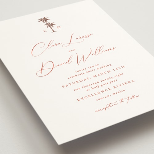 This is a persimmon foil stamped wedding invitations with foil pressed by Olivia Raufman called palm monogram printing on signature in standard