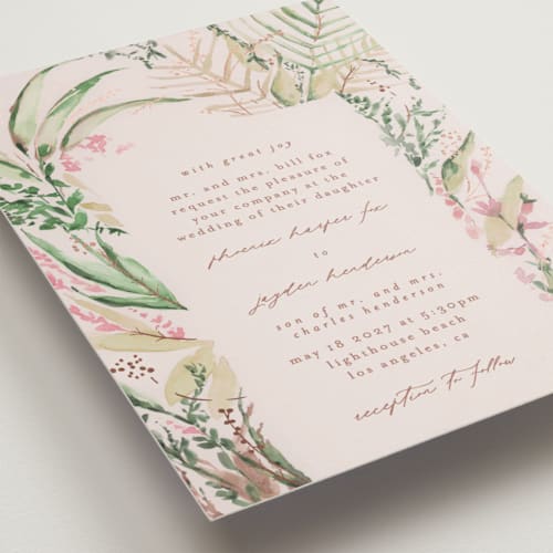 This is a spring foil stamped wedding invitations with foil pressed by Phrosné Barwood called fresh tropical printing on signature in standard