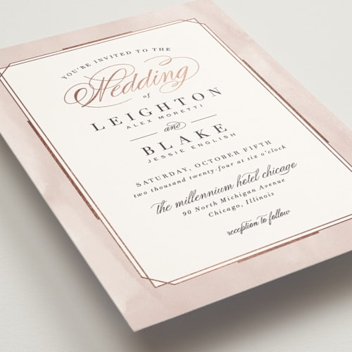 This is a mauve foil stamped wedding invitations with foil pressed by Hooray Creative called forever elegant printing on signature in standard