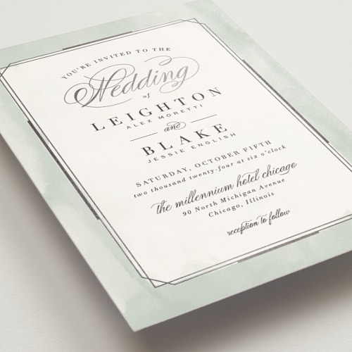 This is a mint foil stamped wedding invitations with foil pressed by Hooray Creative called forever elegant printing on signature in standard