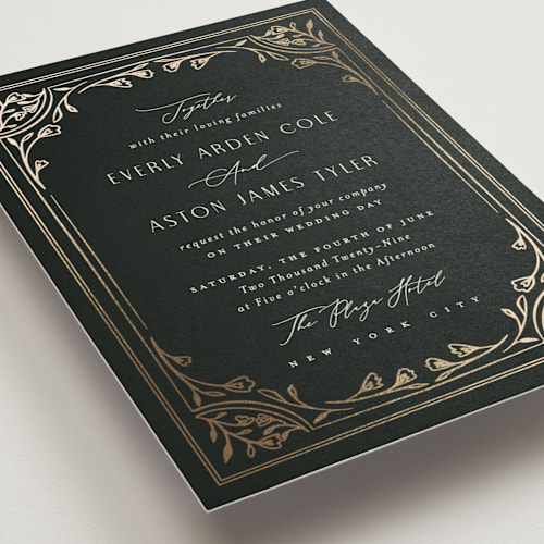 This is a onyx foil stamped wedding invitations with foil pressed by Nicoletta Savod called majesty printing on signature in standard