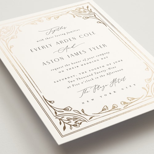 This is a chiffon foil stamped wedding invitations with foil pressed by Nicoletta Savod called majesty printing on signature in standard