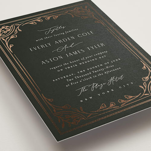 This is a olive foil stamped wedding invitations with foil pressed by Nicoletta Savod called majesty printing on signature in standard