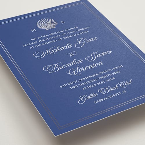 This is a cobalt foil stamped wedding invitations with foil pressed by Griffinbell Paper Co. called seaside printing on signature in standard