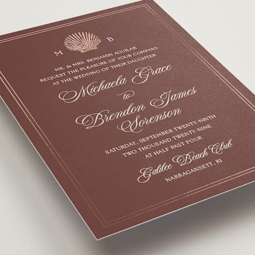 This is a espresso foil stamped wedding invitations with foil pressed by Griffinbell Paper Co. called seaside printing on signature in standard