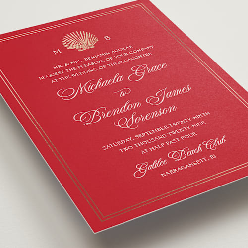This is a crimson foil stamped wedding invitations with foil pressed by Griffinbell Paper Co. called seaside printing on signature in standard