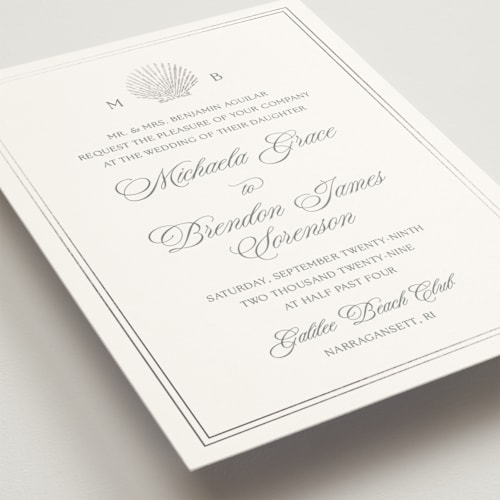 This is a platinum foil stamped wedding invitations with foil pressed by Griffinbell Paper Co. called seaside printing on signature in standard