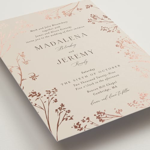 This is a almond foil stamped wedding invitations with foil pressed by frau brandt called shining florals printing on signature in standard