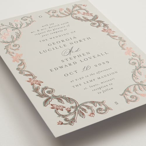 This is a blush foil stamped wedding invitations with foil pressed by Jen Owens called grandeur printing on signature in standard