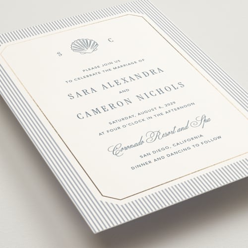 This is a coast foil stamped wedding invitations with foil pressed by Kelly Schmidt called seashore printing on signature in standard