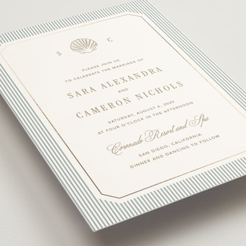 This is a seafoam foil stamped wedding invitations with foil pressed by Kelly Schmidt called seashore printing on signature in standard