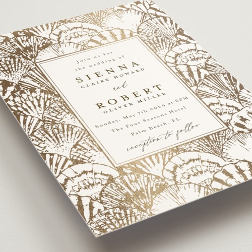 This is a pearl foil stamped wedding invitations with foil pressed by Maria Alou called by the seashore printing on signature in standard