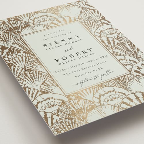 This is a sea foam foil stamped wedding invitations with foil pressed by Maria Alou called by the seashore printing on signature in standard