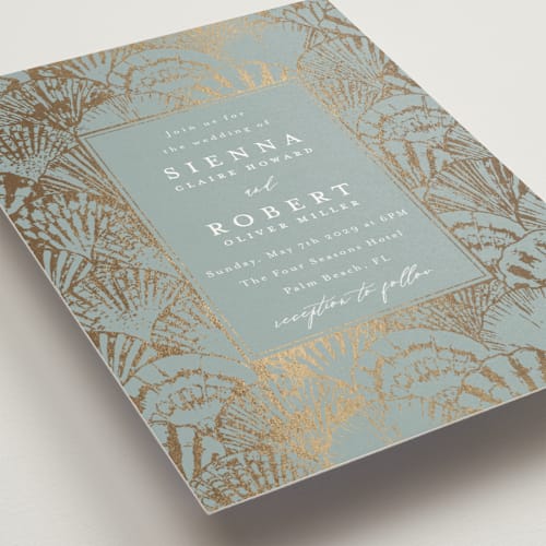 This is a ocean foil stamped wedding invitations with foil pressed by Maria Alou called by the seashore printing on signature in standard