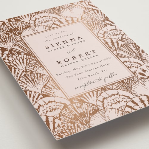 This is a pink orchard foil stamped wedding invitations with foil pressed by Maria Alou called by the seashore printing on signature in standard