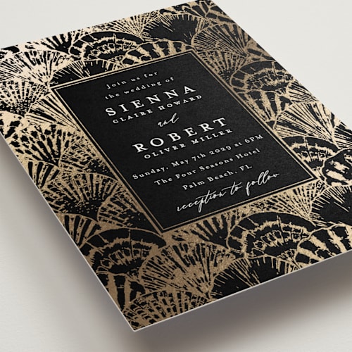 This is a onyx foil stamped wedding invitations with foil pressed by Maria Alou called by the seashore printing on signature in standard