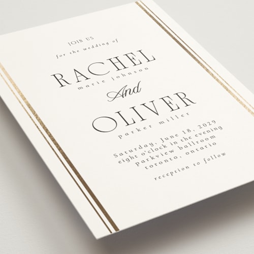 This is a pearl foil stamped wedding invitations with foil pressed by Nicole Walsh called side stripe printing on signature in standard