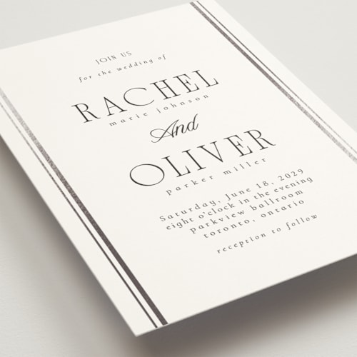 This is a pearl foil stamped wedding invitations with foil pressed by Nicole Walsh called side stripe printing on signature in standard