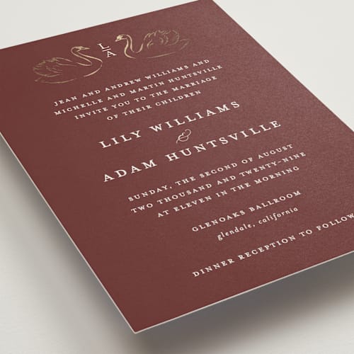 This is a merlot foil stamped wedding invitations with foil pressed by Sarah Knight called swan song printing on signature in standard