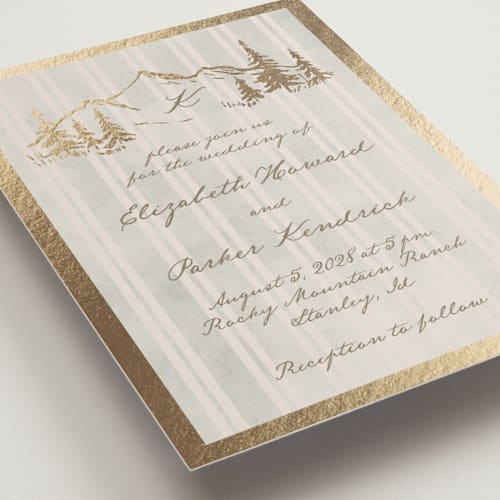 This is a dew foil stamped wedding invitations with foil pressed by Petra Kern called mountain love printing on signature in standard