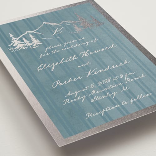 This is a iceberg foil stamped wedding invitations with foil pressed by Petra Kern called mountain love printing on signature in standard