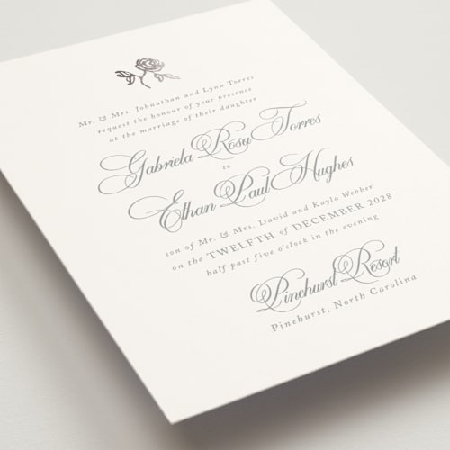 This is a silver lining foil stamped wedding invitations with foil pressed by Design Lotus called here with you printing on signature in standard