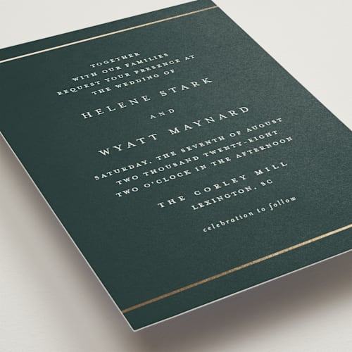 This is a forest foil stamped wedding invitations with foil pressed by Stacey Meacham called style and grace printing on signature in standard