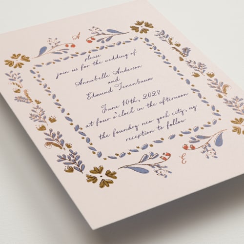 This is a wisteria foil stamped wedding invitations with foil pressed by Monika Konieczna called together in bloom printing on signature in standard