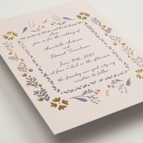 This is a wisteria foil stamped wedding invitations with foil pressed by Monika Konieczna called together in bloom printing on signature in standard