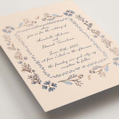 This is a frost foil stamped wedding invitations with foil pressed by Monika Konieczna called together in bloom printing on signature in standard