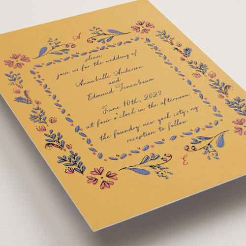 This is a mimosa foil stamped wedding invitations with foil pressed by Monika Konieczna called together in bloom printing on signature in standard