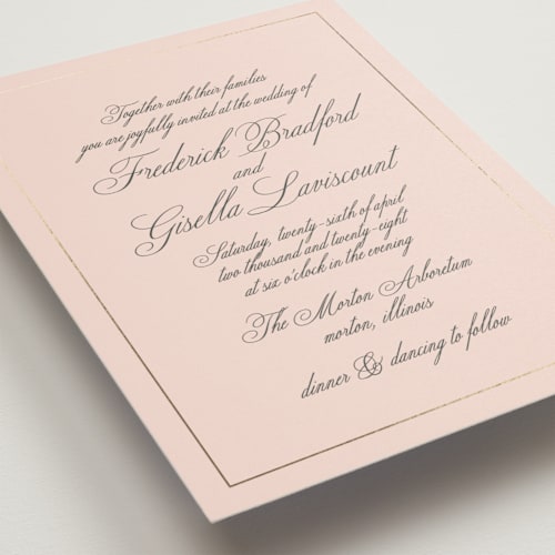 This is a blush foil stamped wedding invitations with foil pressed by chocomocacino called toulomotiri printing on signature in standard