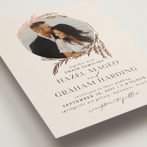This is a pearl foil stamped wedding invitations with foil pressed by Erin L. Wilson called locket printing on triplethick in standard