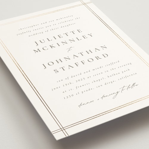 This is a silk foil stamped wedding invitations with foil pressed by Wildfield Paper Co called classic line frame printing on signature in standard