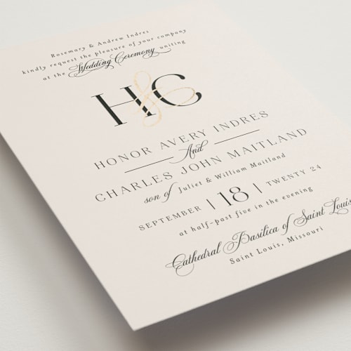 This is a ivory foil stamped wedding invitations with foil pressed by Melanie Kosuge called honor printing on signature in standard