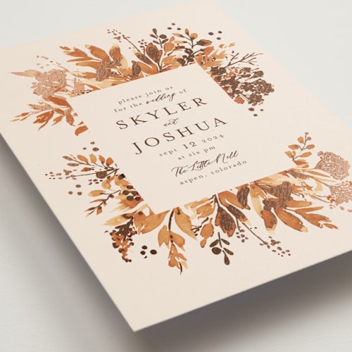 This is a rust foil stamped wedding invitations with foil pressed by Chris Griffith called wedding in aspen printing on signature in standard