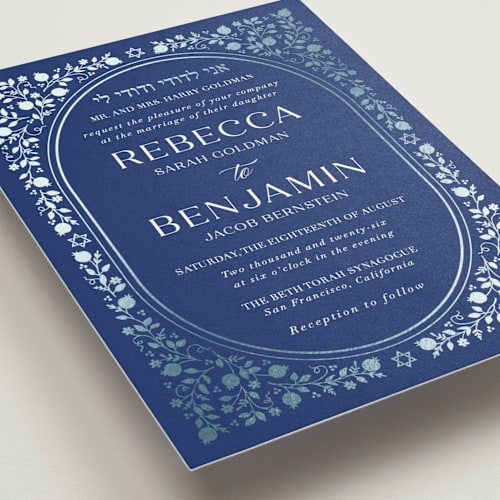 This is a royal foil stamped wedding invitations with foil pressed by Nam Bourassa called pomegranate floral frame printing on signature in standard