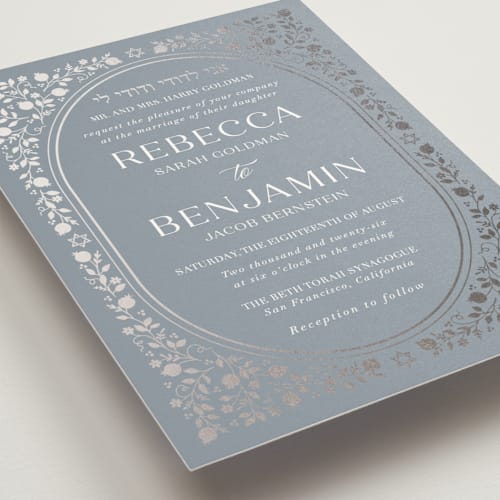 This is a frost foil stamped wedding invitations with foil pressed by Nam Bourassa called pomegranate floral frame printing on signature in standard