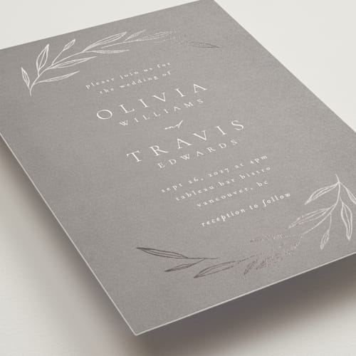 This is a mist foil stamped wedding invitations with foil pressed by Kelly Schmidt called leaves printing on signature in standard