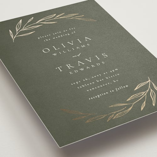 This is a moss foil stamped wedding invitations with foil pressed by Kelly Schmidt called leaves printing on signature in standard